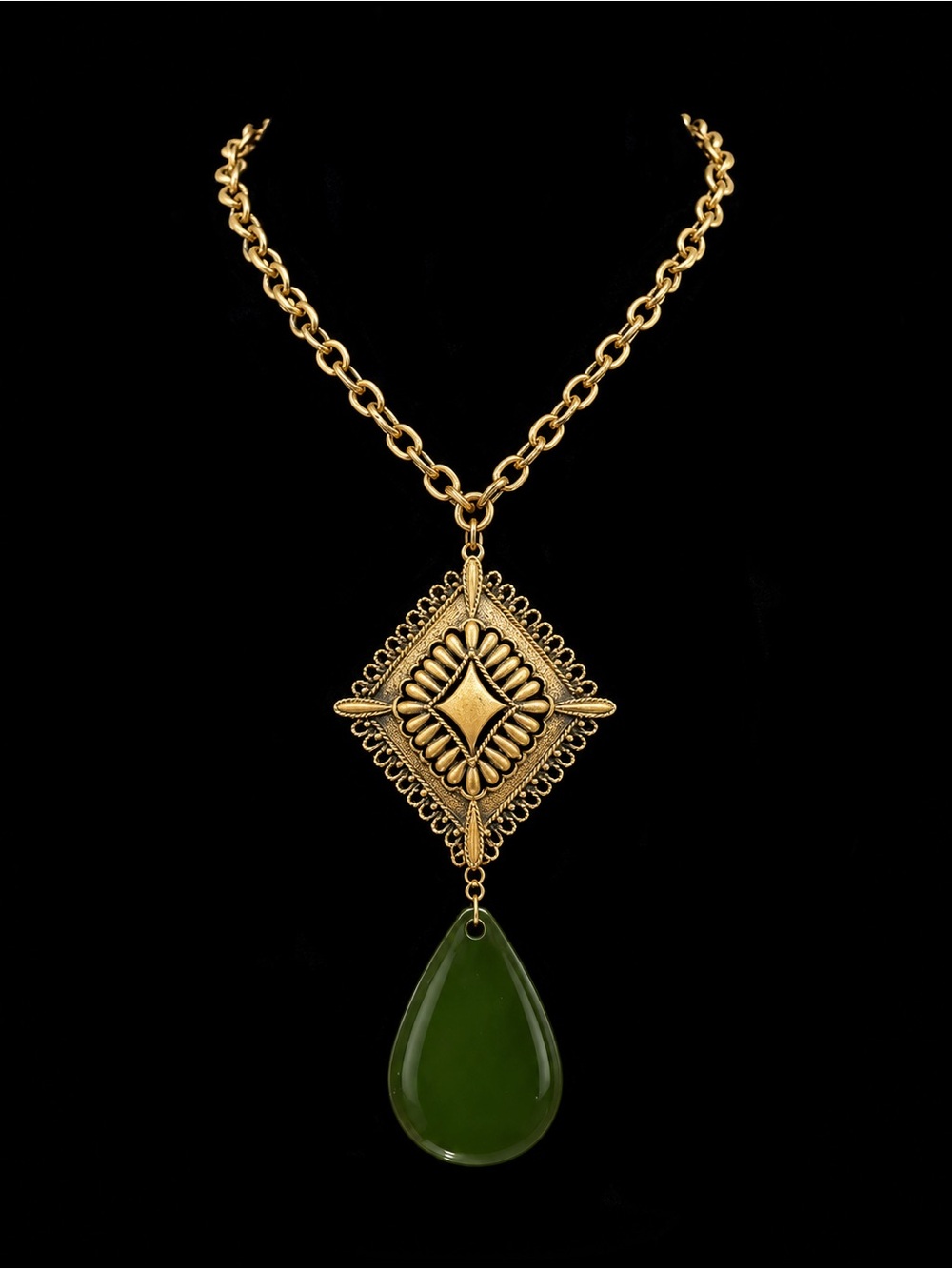 Gold-Tone Pendant Necklace with Green Teardrop Stone